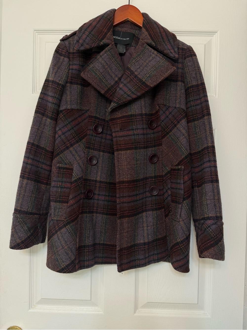 Moda International Wool Plaid Double-Breasted Peacoat in Plum/Brown
